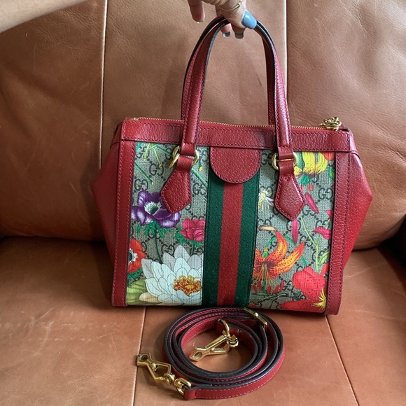 GUCCI GG Supreme Monogram Flora Web Small Ophidia Tote Bag Red - Picture 5 of 17